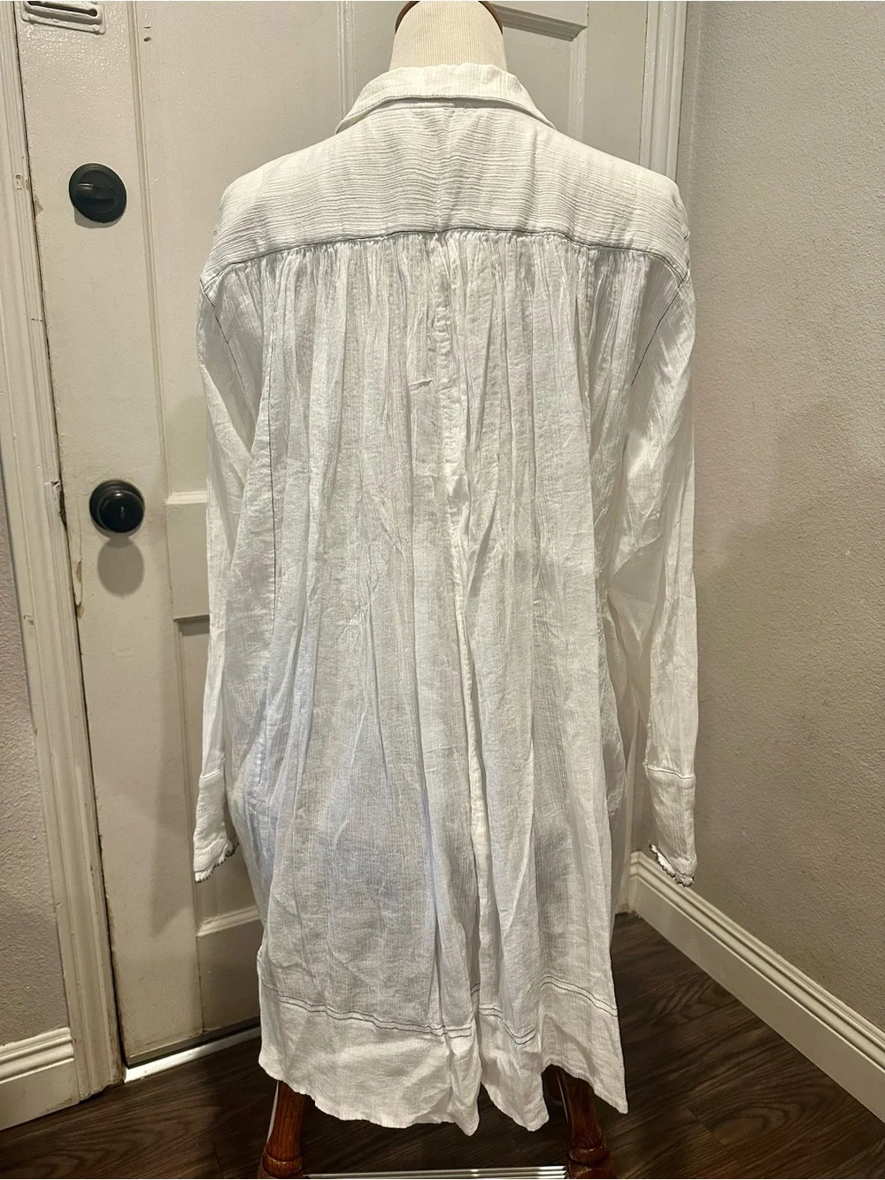 Free People White Ivory Tuxedo Ruffle-Front Shirt Dress Boho Chic Women’s L